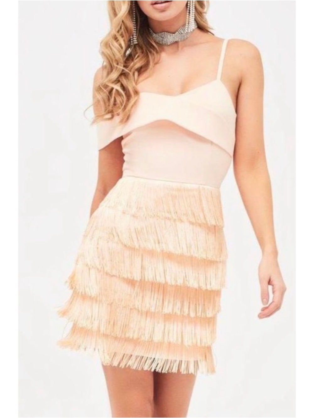 Lavish Alice Off Shoulder Fringe Mini Dress in Nude Size US 8 NWT Western Party